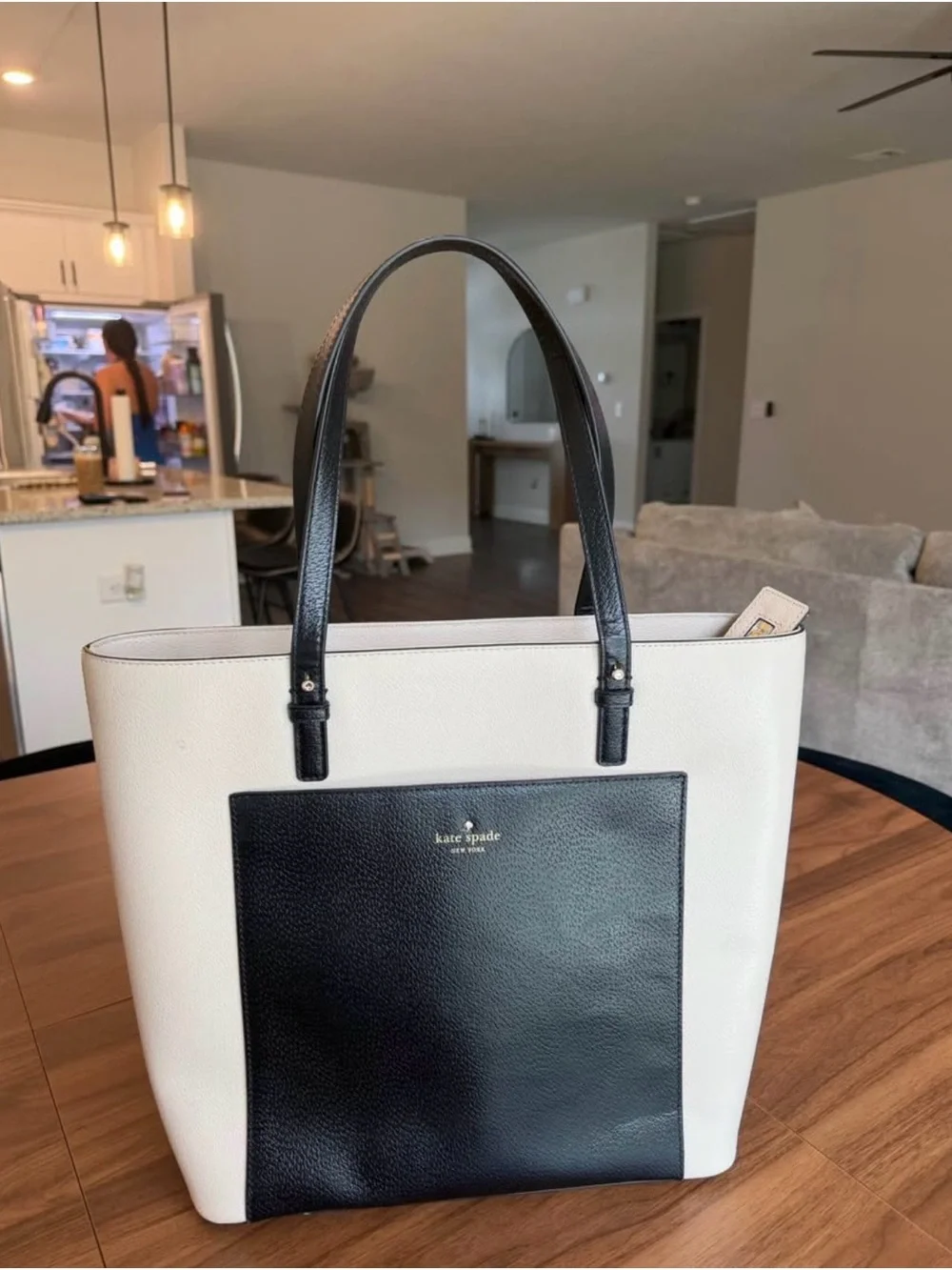 kate spade White and Black Leather Tote
